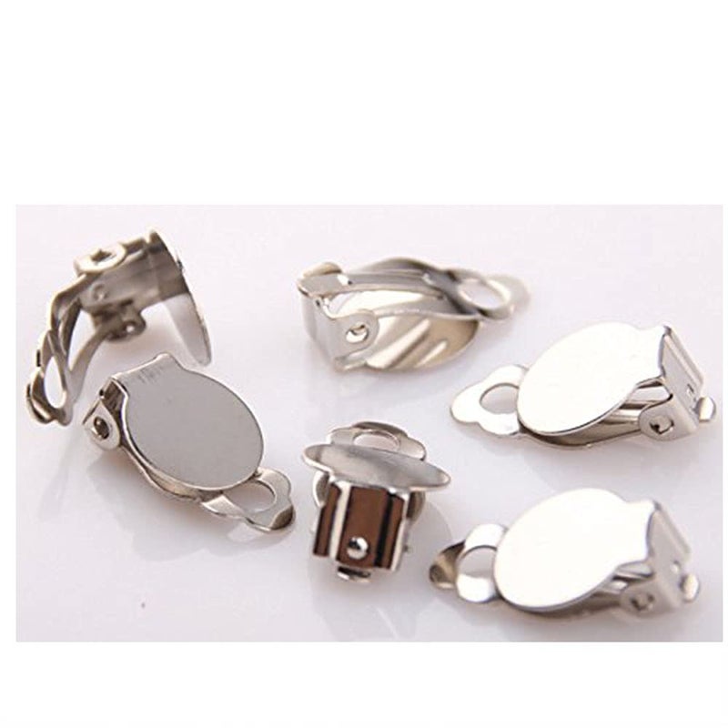 20 PCS (10 Pairs) Clip-on Earring Findings Pad Base Flat Back Round Tray Blank Setting No Need Ear Pierced Non Piercing Jewelry Accessories (Rhodium, 16 x 10 mm Tray 10 mm)